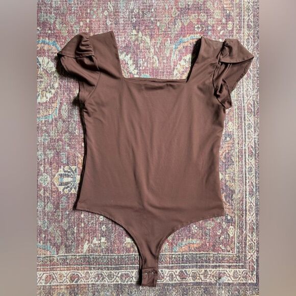 Large PinkmStyle Women’s Brown double lined Tulip sleeve square neck bodysuit - Picture 1 of 8